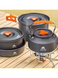 1入組便攜式戶外露營炊具套裝迷你輕量化爐具，附有開水壺，煎鍋和煮食鍋