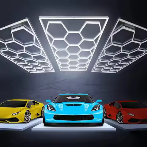 E-top 16ftx8ft 15-Grid LED Hexagon Garage Light 6500K Ceiling Lamp for Workshop Detailing Showroom S