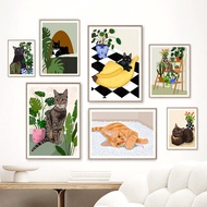 Cat Lover Gifts Funny Cats Posters Green Plant Paintings Print On Canvas Boho Style Wall Art For Kitchen Animal Home Decoration