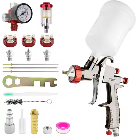 R500 LVLP Air Spray Gun Premium Kit with 1.3/1.5/1.7mm Nozzle and Air Regulator Car Paint Gun Spraye