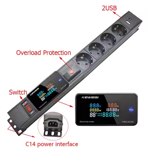 Cabinet Rack PDU Power Strip Overload Protection 2/3/4/5/6/7Ways EU Socket 2USB Digital Ampermeter V