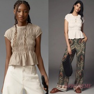 Women's Smocked Tops - Y2K Style Ruffle Hem Shirred Shirt Casual Evening Wear