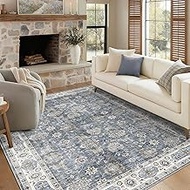 BLISSA Area Rugs 9x12 Living Room - Large Washable Vintage Oriental Washed Blue Boho Rugs for Bedroo