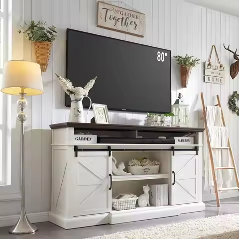 Farmhouse TV Stand for 80 Inch TVs, 38" Tall Entertainment Center w/Storage Cabinets and Sliding Bar
