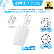 Sạc dự phòng Anker Zolo 20kmAh 45W | Tích hợp sẵn 2 cáp USB-C | 2 cổng 1C1A hỗ trợ sạc nhanh cho iPh