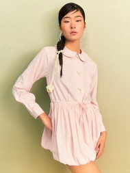 [Pomelo] ชุดเดรสลายทางแต่งกระดุมจีน / Diamante Stripe Knot Button Dress