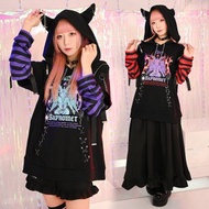 原創龐克風罪惡之歌巴風特惡魔角連帽T恤條紋接袖鐵鍊設計JJ2555