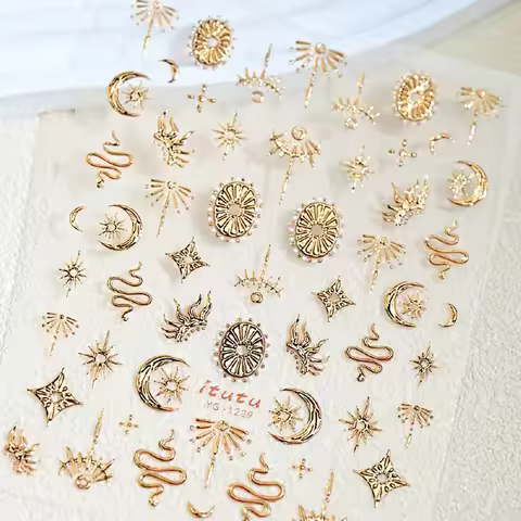Gold Silver Snake Stars Nail Stickers for Nail Decoation Decals 5D Self-Adhesive Bronzing Stars Moon