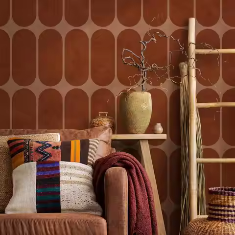 Mid-century Arch Motif Geometric Wallpaper,Terracotta and Beige Color Wall Mural For Home Decor.Self