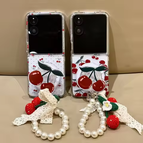 For Motorola Razr 40 50 60 Ultra Xiaomi Mix Flip 2 3IN1 Rope Strap Fold Phone Case Polka Dot Cherry 
