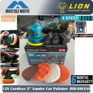 MOSTAZ 12V Cordless 5” Sander Car Polisher 2pcs Batteries, Charger & Accessories - BRUSHLESS Motor -