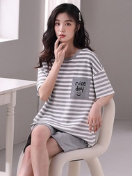 Pure Cotton Nightgown Short Sleeve Summer Thin Home Clothes Set Womens Home Clothes Short Pants roun