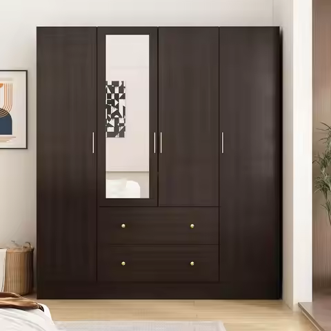 Brown Wardrobe with Mirror, 5 Shelves, 2 Drawers & 4 Doors, Wooden Closet for Bedroom, 63"W x 19.7"D