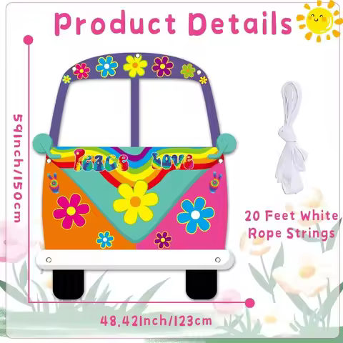 2D flat 1pc hippie bus shaped polyester photography banner, 1960s party decoration, background fabri