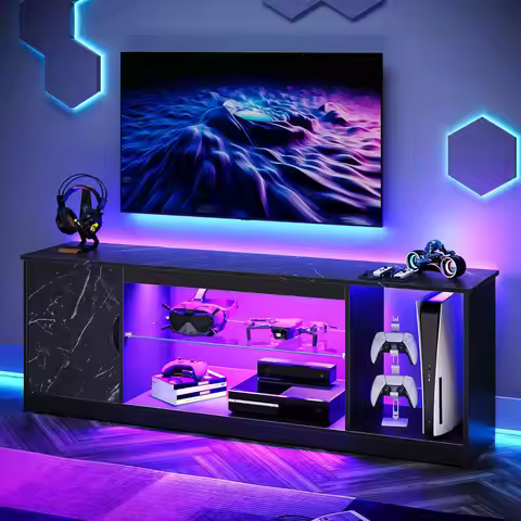 LED TV Stand for 55/60/65 Inch TV, Gaming Entertainment Center with Cabinet for PS5, Xbox,Modern TV 