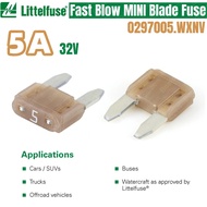 100PCS Littelfuse 5A 32V Fast-Acting MINI Blade fuse LF 32Vdc 5Amp 0297005.WXNV Tan Transparent shel