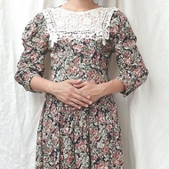 BajuTua /古著/ 70's 美國製 浪漫花朵 宮廷風蕾絲領洋裝