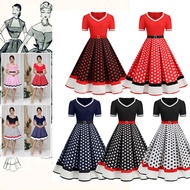 ❥Vintaj Pakaian Pesta❥Hepburn Classy Retro 1950s 60sS-4Xl Fashion Stitching Polka Dot Printing V-Nec