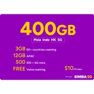 TPG / Simba Prepaid $10 – 400GB SG/MY/HK/ID, 15GB Roaming, Unlimited Calls, 100 Mins Myanmar IDD Rec