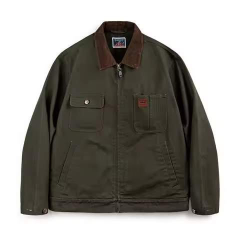 Maden Retro Corduroy Collar Heavyweight Detroit Jacket Canvas Hunting Short Zip-Up Jacket with Pocke