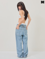 HEARTEYES - LOW-WAIST BUCKLE JEANS - WASHED BLUE | กางเกงยีนส์เอวต่ำ กางเกงยีนส์ขายาว สีเดนิมฟอก