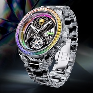 BONEST GATTI Men's Tourbillon Watch Crystal Inlaid Full Transparent Gems Automatic Movement