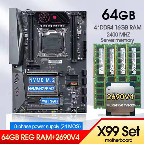 X99 Motherboard Combo Xeon E5 2690 V4 CPU Kit LGA 2011-3 4*16G=64GB DDR4 2400MHZ RAM Memory Support 