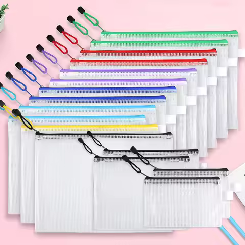 12-piece plastic mesh zip file bag, waterproof and tear-resistant file folder, multi-size zip file b