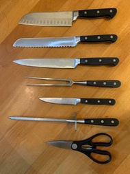 全新7件套㕑房必備刀具套裝, 可散買, 包含廚師刀, 鋸齒麵包刀,切肉刀, 烤肉叉, 牛排刀, 磨刀棒, 多功能廚房剪