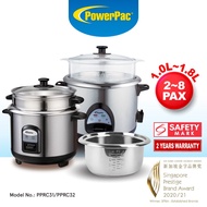PowerPac Rice Cooker 1.0L/1.8L, Rice Cooker with Stainless Steel Pot and Food Steamer (PPRC31/PPRC32)