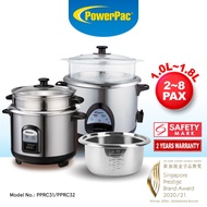 PowerPac Rice Cooker 1.0L/1.8L, Rice Cooker with Stainless Steel Pot and Food Steamer (PPRC31/PPRC32