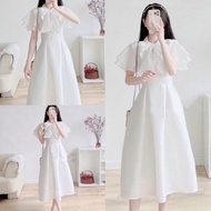 Váy công chúa đính nơ tay bèo cánh tiên chất voan dáng dài màu trắng Đầm dự tiệc dáng xòe cổ nơ đi c
