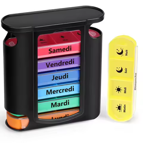 French printing Weekly Pill Organizer, 7 Stackable Compartments Four Times-a-Day - Morning, Noon, Ev
