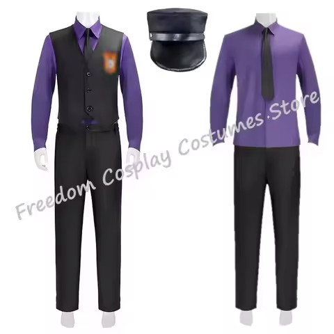 Purple Guy William Afton Cosplay Costume Fnaf Five Nights Movie Hat Purple Shirt Vest Pants Hallowee