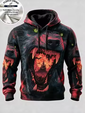 3D Print Halloween Fleece Hoodie Haunted House Ghost Pumpkin Bat Lightning Full Print Pullover Long