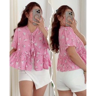 Gingham Daisy Peplum Blouse Women Blouse