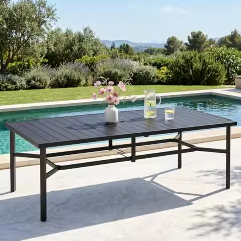 Patio Dining Table, 83" Black Metal Table w/ Umbrella Hole