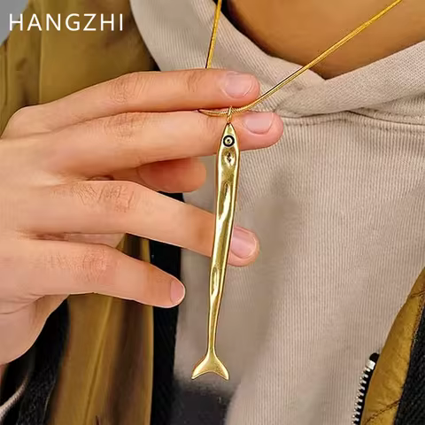 HangZhi Exaggerated Long Sardine Fish Pendant Necklace Massive Large Charms Vintage Gold Color Jewel