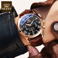 OLEVS Men Watch Brown Leather Chronograph Moon Phase S-G2871 Original Jam Tangan Lelaki Men's Analog