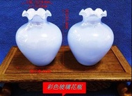 (花瓶 1對)早期人工吹制彩色 玻璃花瓶 造型裝飾花器插花擺件~1對360元