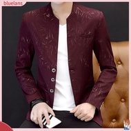   Men Blazer Vintage Print Korean Style Spring Autumn Stand Collar Fake Pockets Buttons Blazer for Business