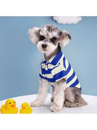 1件寵物短袖polo衫條紋印花繫扣衣,適用於小型和中型犬