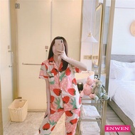 ENWEN Women Short sleeve polo and Pajamas,  Korean Summer Strawberry Print Pajamas Set Casual Breathable Homewear Trend Ladies Pajamas, sleepwear for women, ladies pajama terno