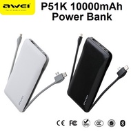 Brand New Awei P51K 10000mAh Powerbank with Type-C Iphone Lightning Micro Cable. Local SG Stock  !!