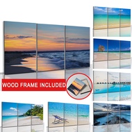 （With Frame）Set of 3 large size 50x70cm Frame Seaside Scenery Poster Sunrise Dusk Canvas Painting Li
