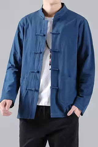 Long Sleeve Cotton Traditional Chinese Clothes Tang Suit Top Men Kung Fu Tai Chi Tang Lengan Panjang