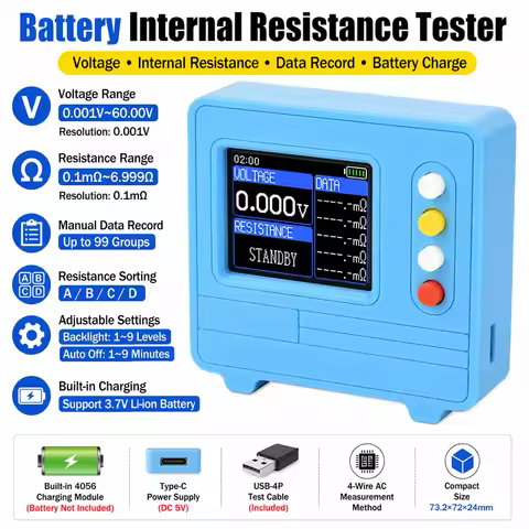 TV607 1.77" TFT Battery Tester AC 4-Wire Method 0.001V-60V Voltage 0.1mΩ-6.999Ω Internal Resistance