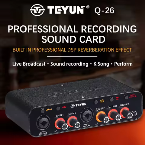 2024 TEYUN Q26 2Channels Professional portable Audio Interface sound card console mini USB MIXER for
