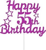 Happy 55th Birthday Cake Toppers Purple Glitter, Cheers to 55 Years Old Bday Decoration 55th Anniver