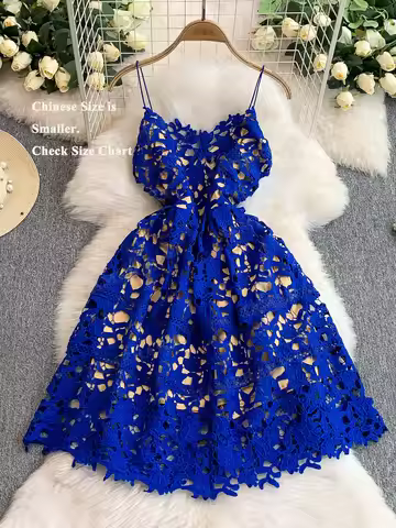 Summer Formal Evening Lace Short Dress Women Princess Party Mini Dresses Crochet Sleeveless Hollow O